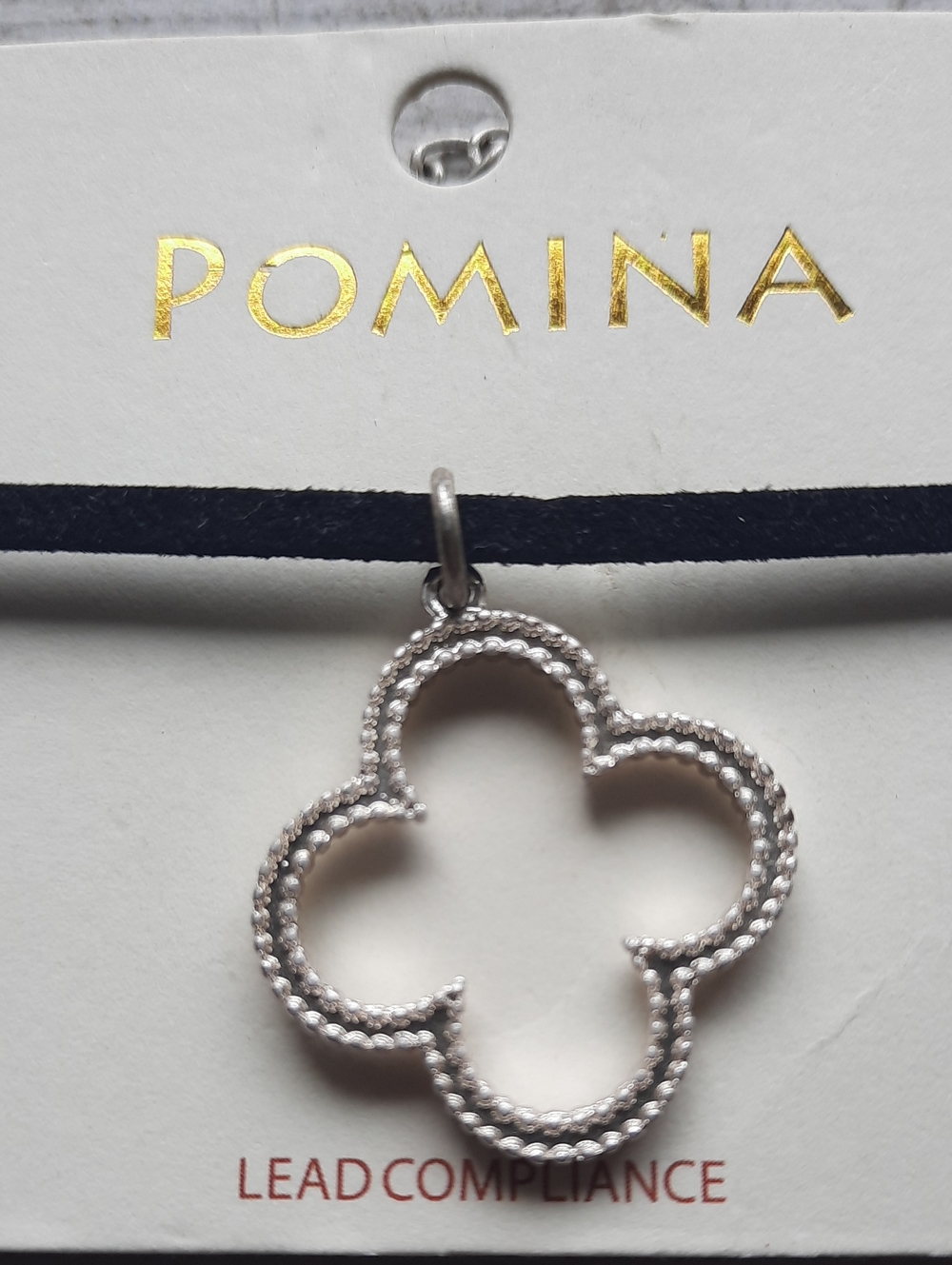 Pomina Black Velvet Choker with Silver Quatrefoil Clover Pendant NWT